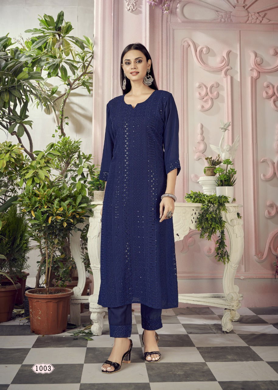 Banwery Schiffli Rayon Fancy Wear Latest Kurti With Pant Collection